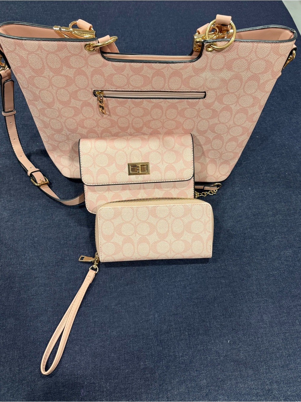 Pale Pink Signature Tote Set with Matching Wallet and Crossbody Purse